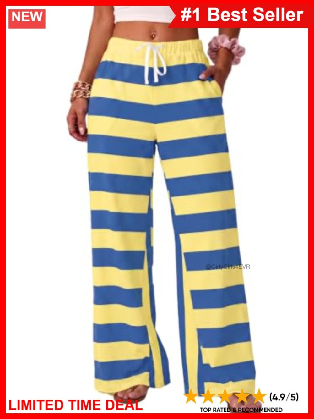 Women's Striped Wide Leg Palazzo Pants High Waist Drawstring Pockets